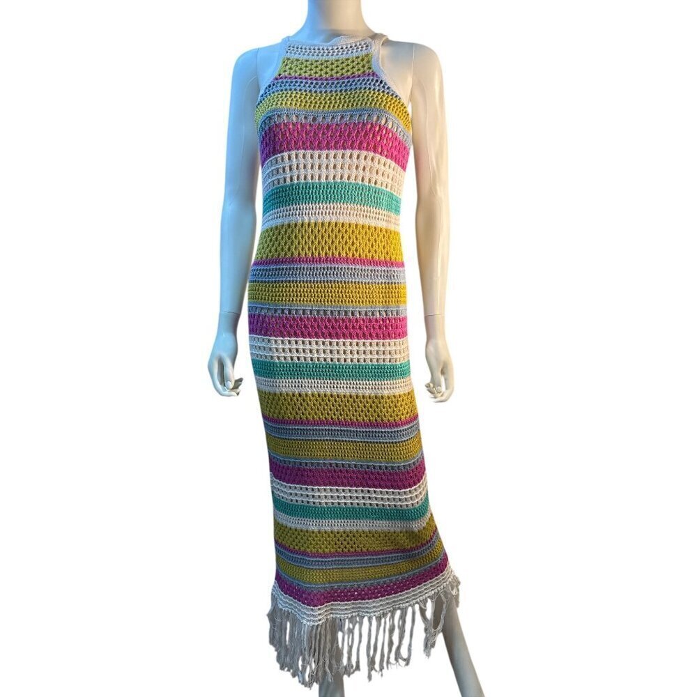 525 Multicolor Crochet Striped Maxi Dress With Fringe Hem  Size S  Cotton EUC